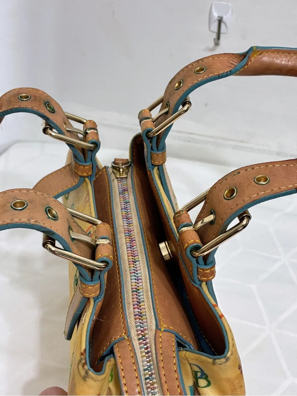 Rare Vintage Dooney and Bourke Rainbow DB Monogram Satchel Purse Heart Charm